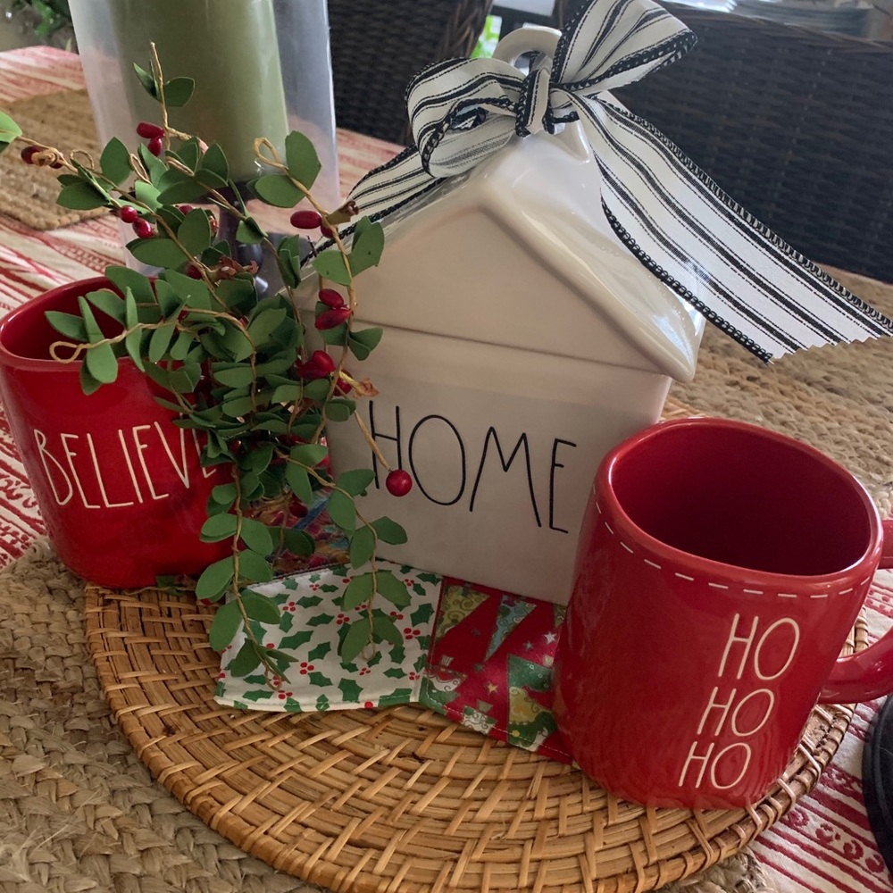 Rae Dunn canister set with 2 Christmas mugs